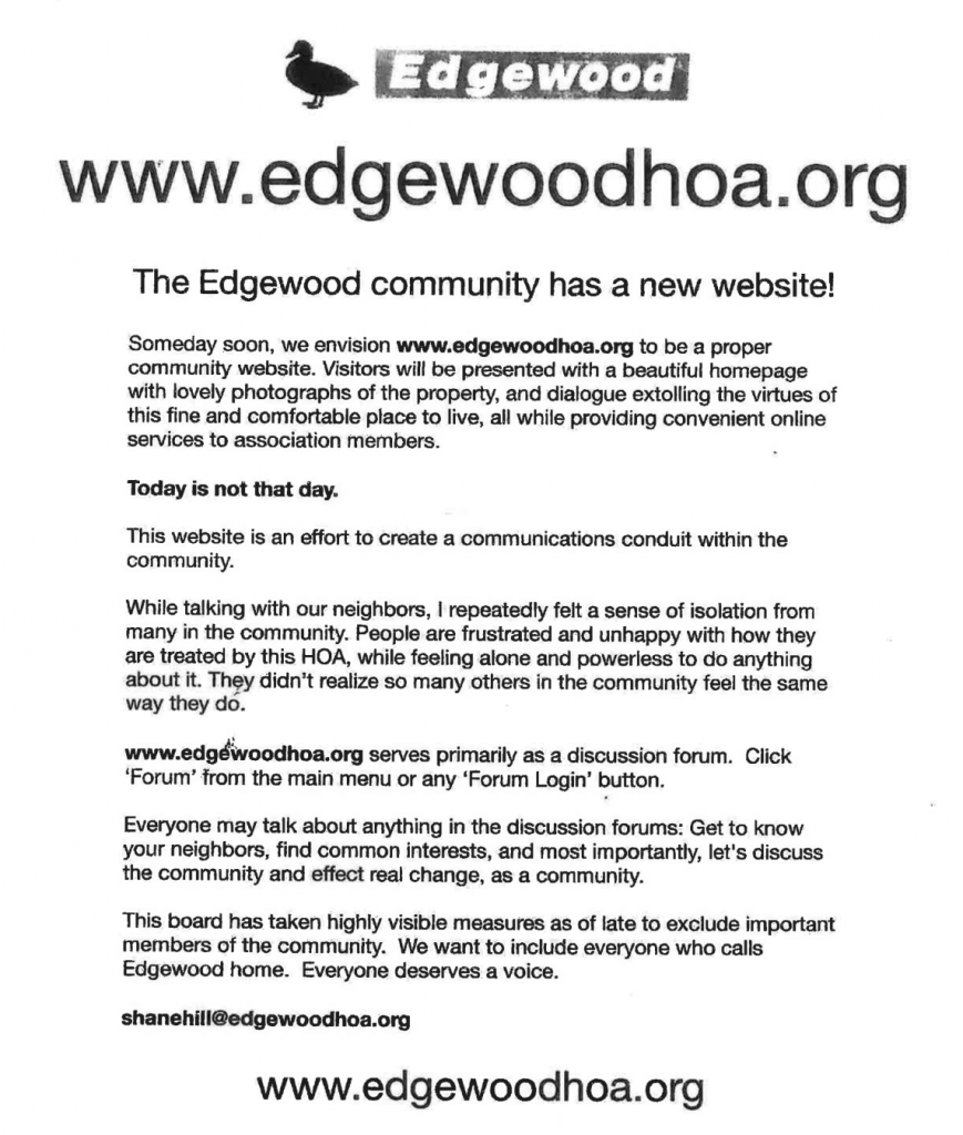 flyer announcing www.edgewoodhoa.org